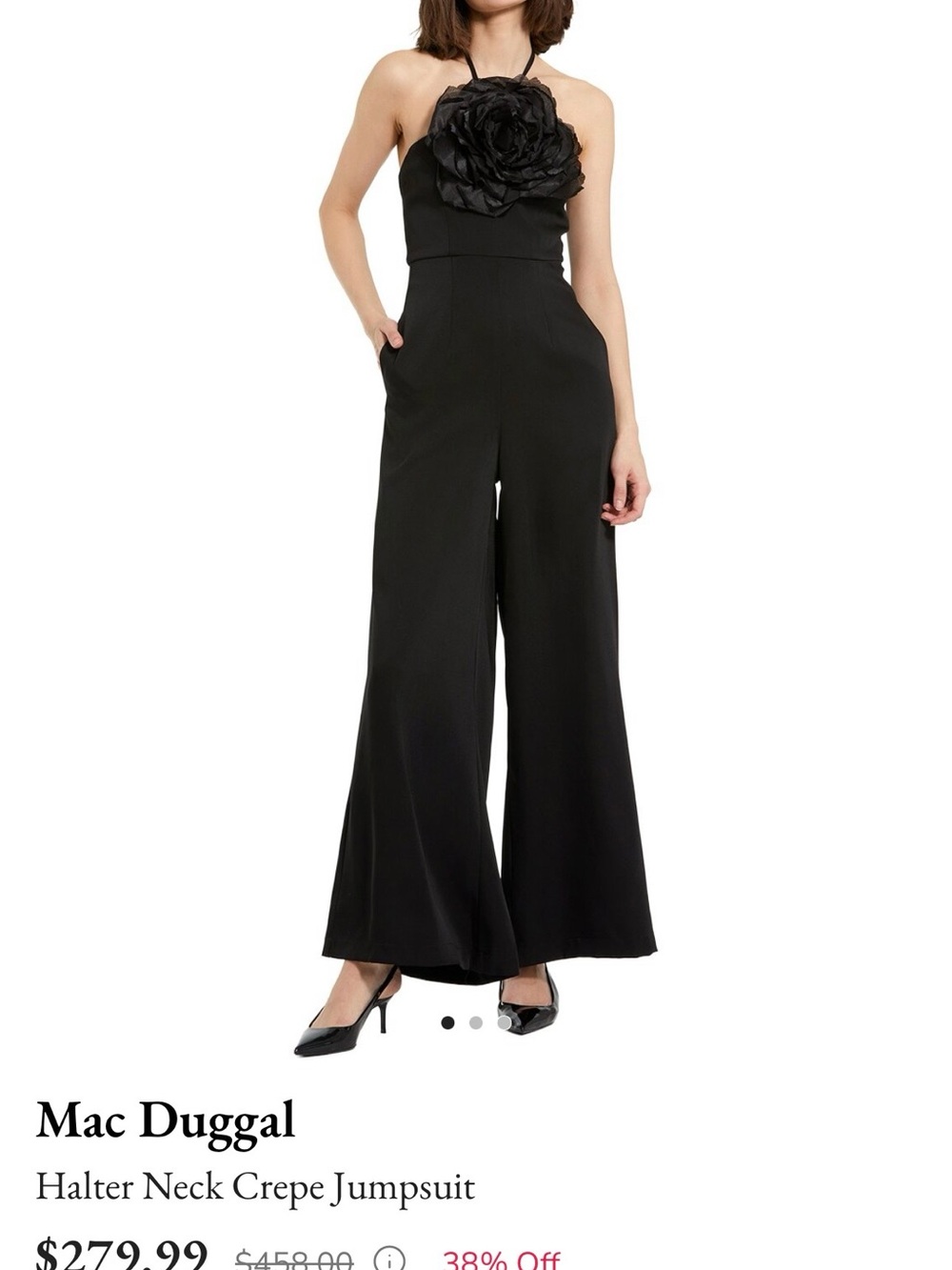 Mac Duggal Black Halter-Neck Jumpsuit with Floral Applique